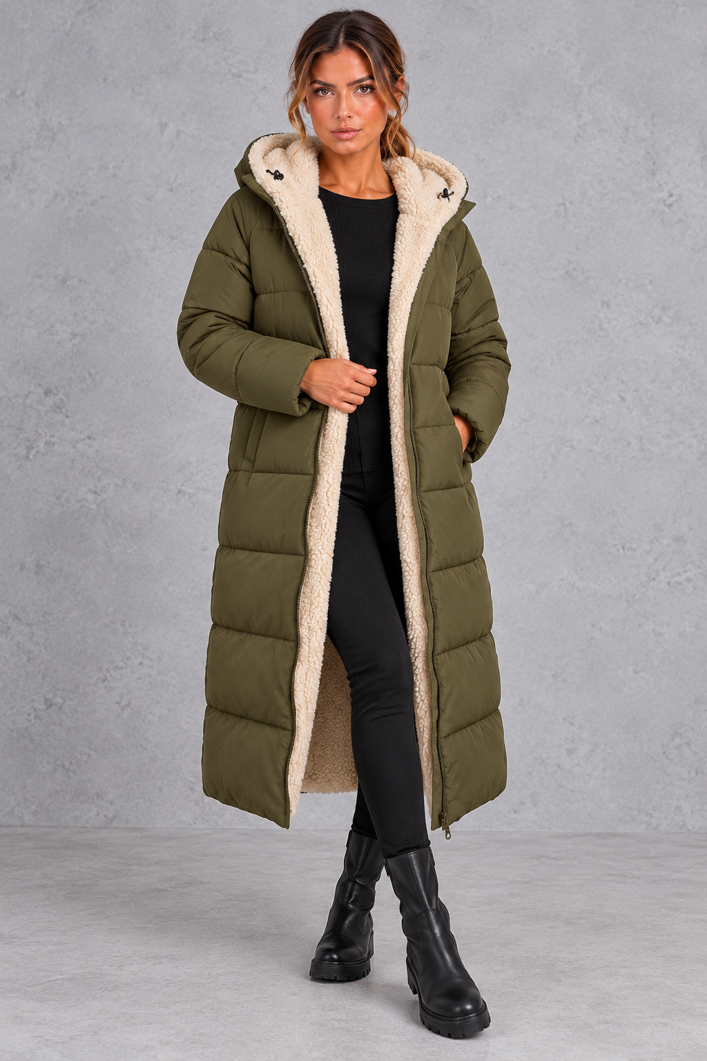 Women's Longline Sherpa-Lined Puffer Coat – Olive Green