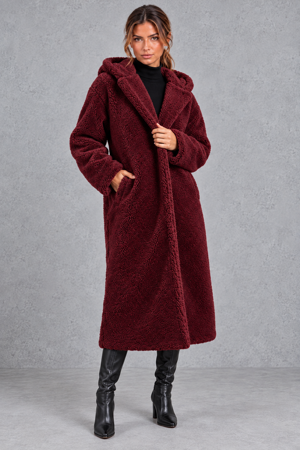 Women's Hooded Longline Teddy Coat – Wine Red