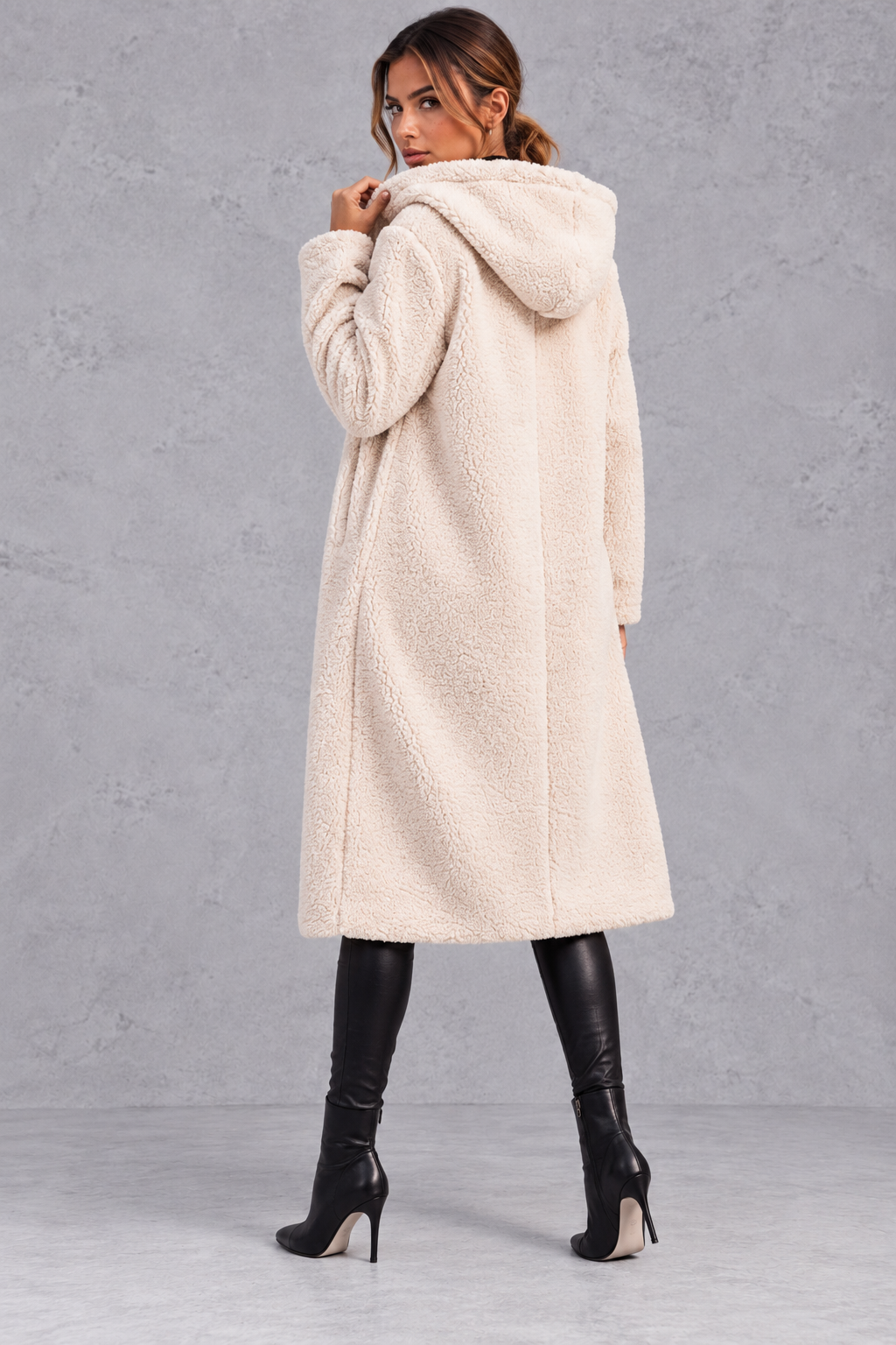 Women's Hooded Longline Teddy Coat – Cream