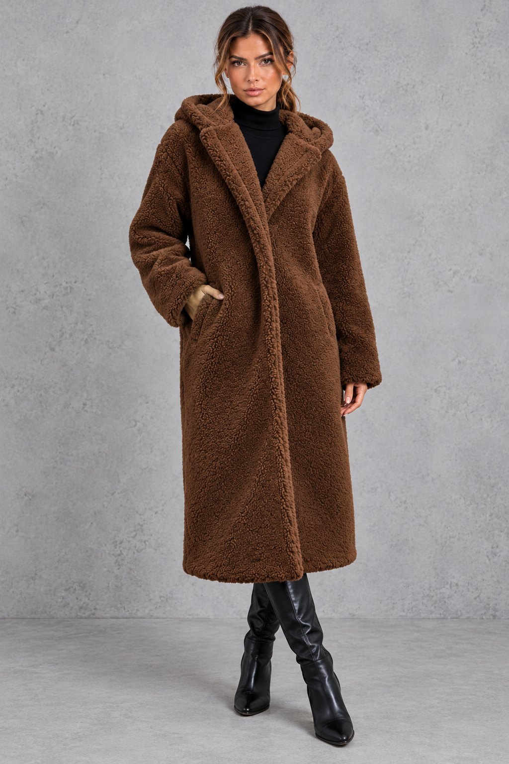 Women's Hooded Longline Teddy Coat – Brown