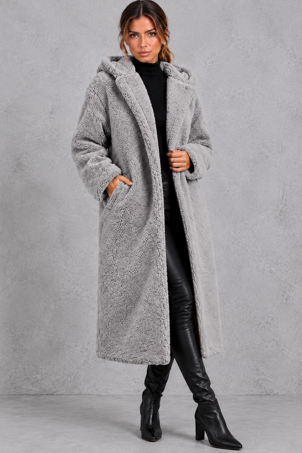 Women's Hooded Longline Teddy Coat – Silver Grey