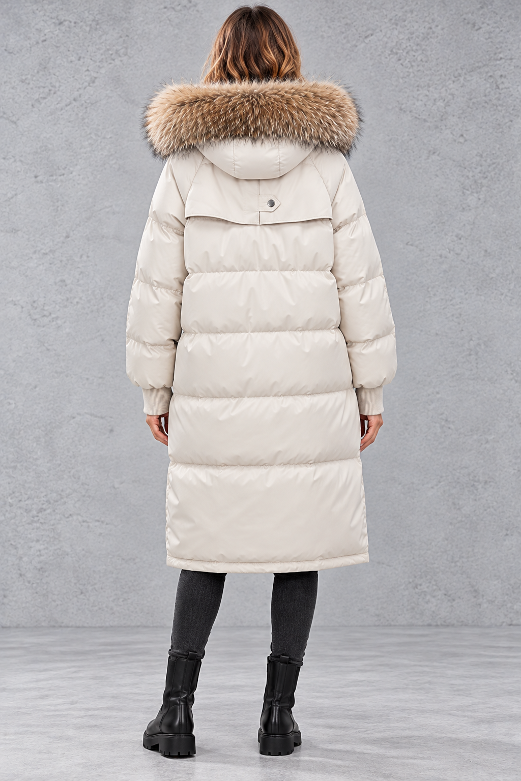 Women's longline puffer parka in Ivory – back view