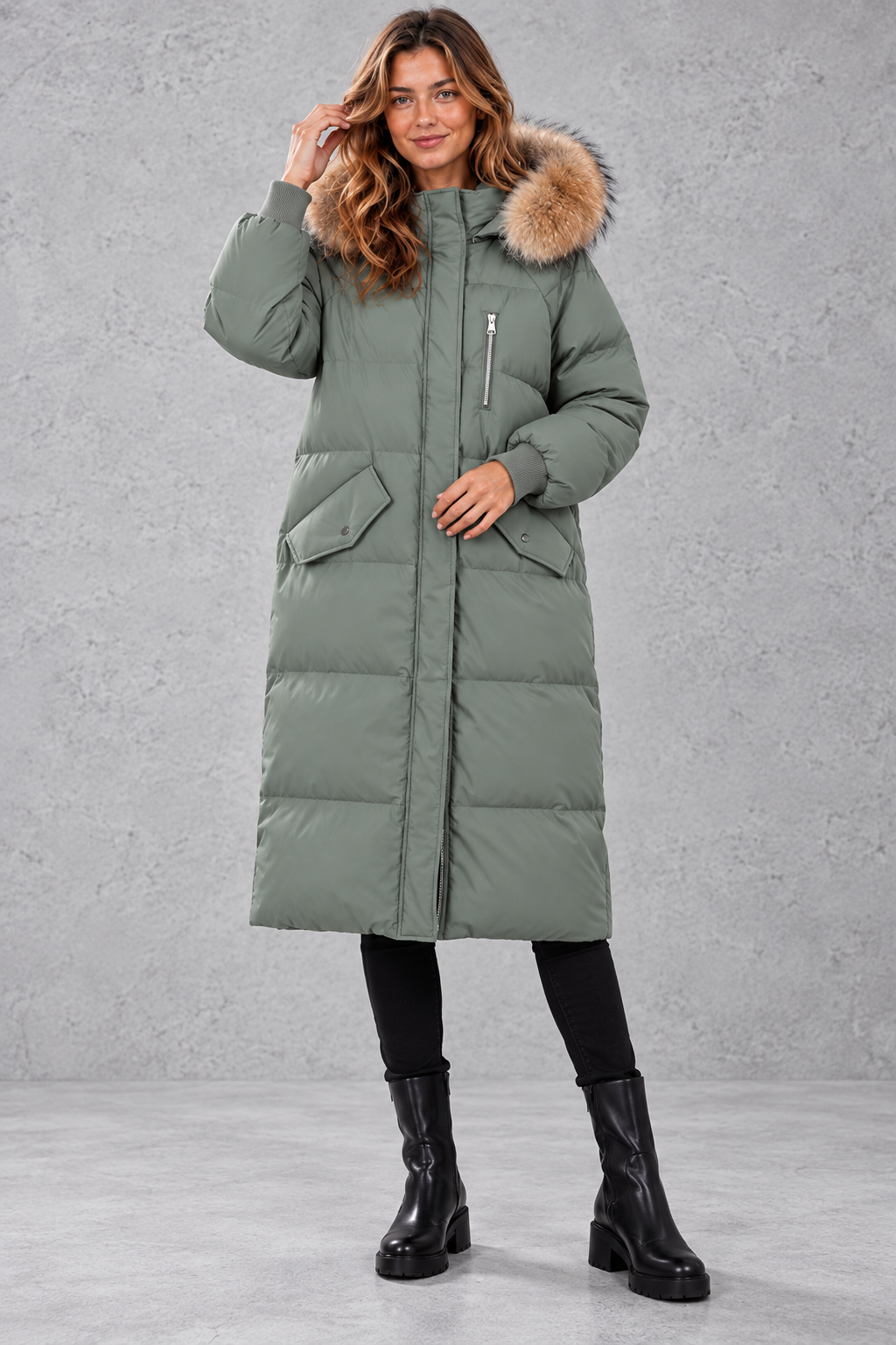 Women's longline puffer parka in Sage – front view