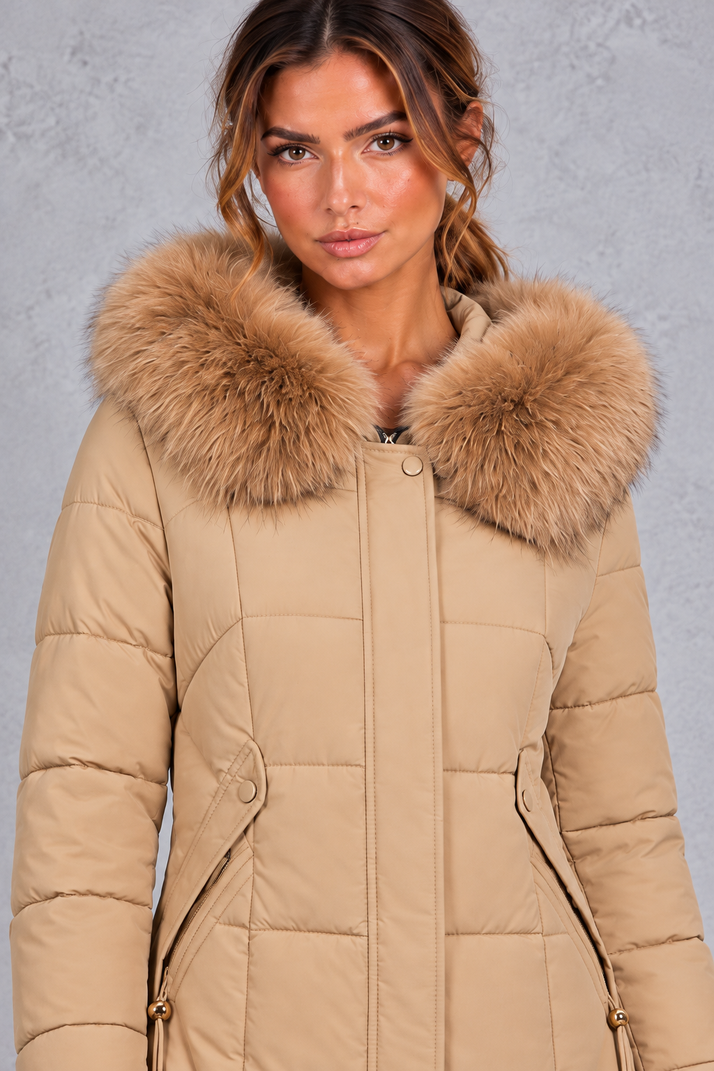 Women's longline quilted puffer coat in Camel – close-up