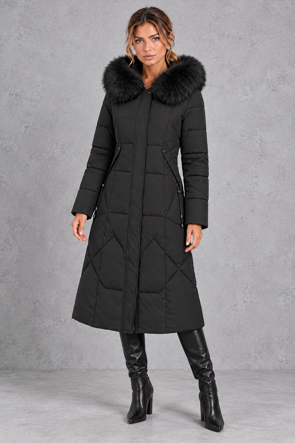 Women's longline quilted puffer coat in Black – front view