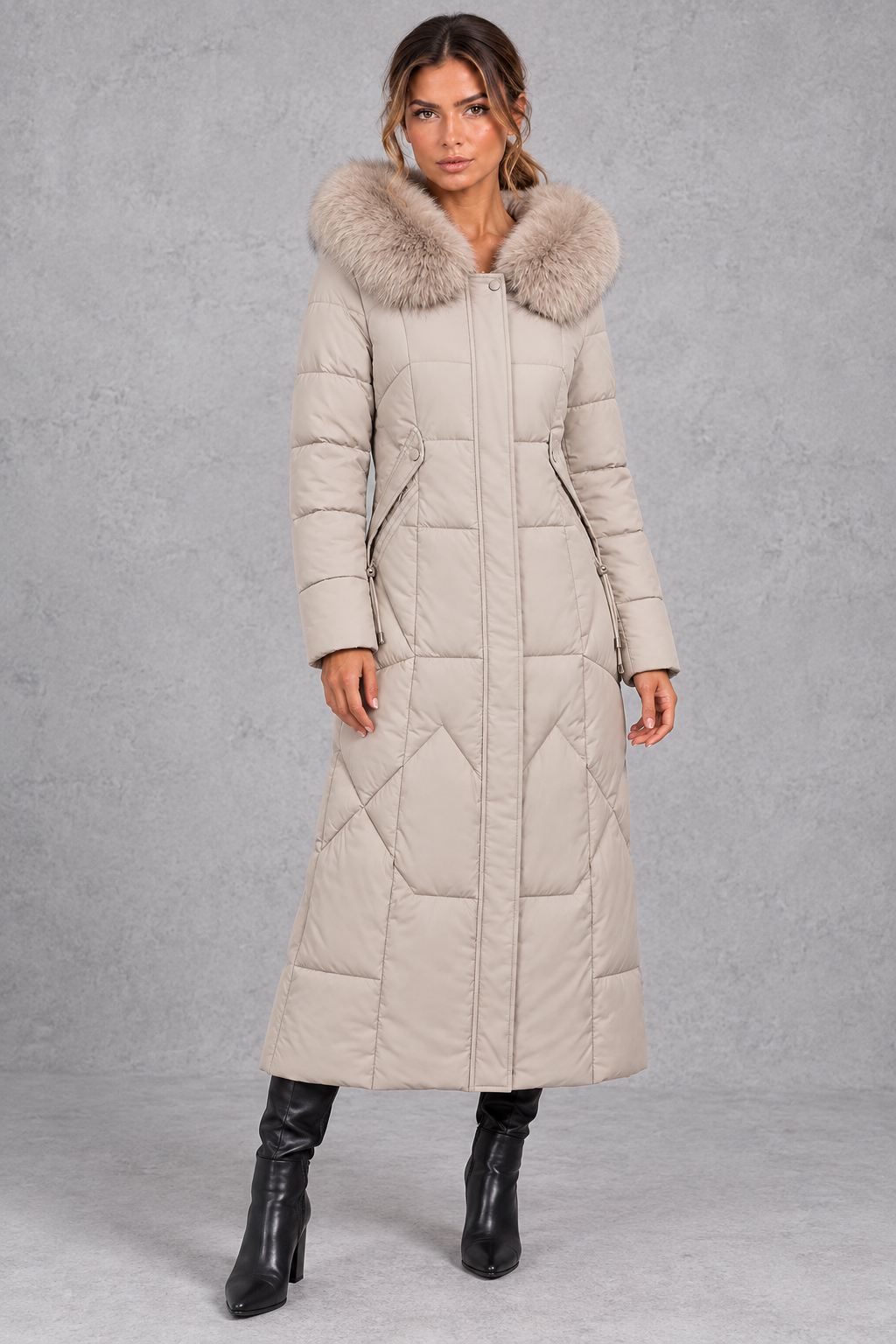 Women's longline quilted puffer coat in Stone – front view
