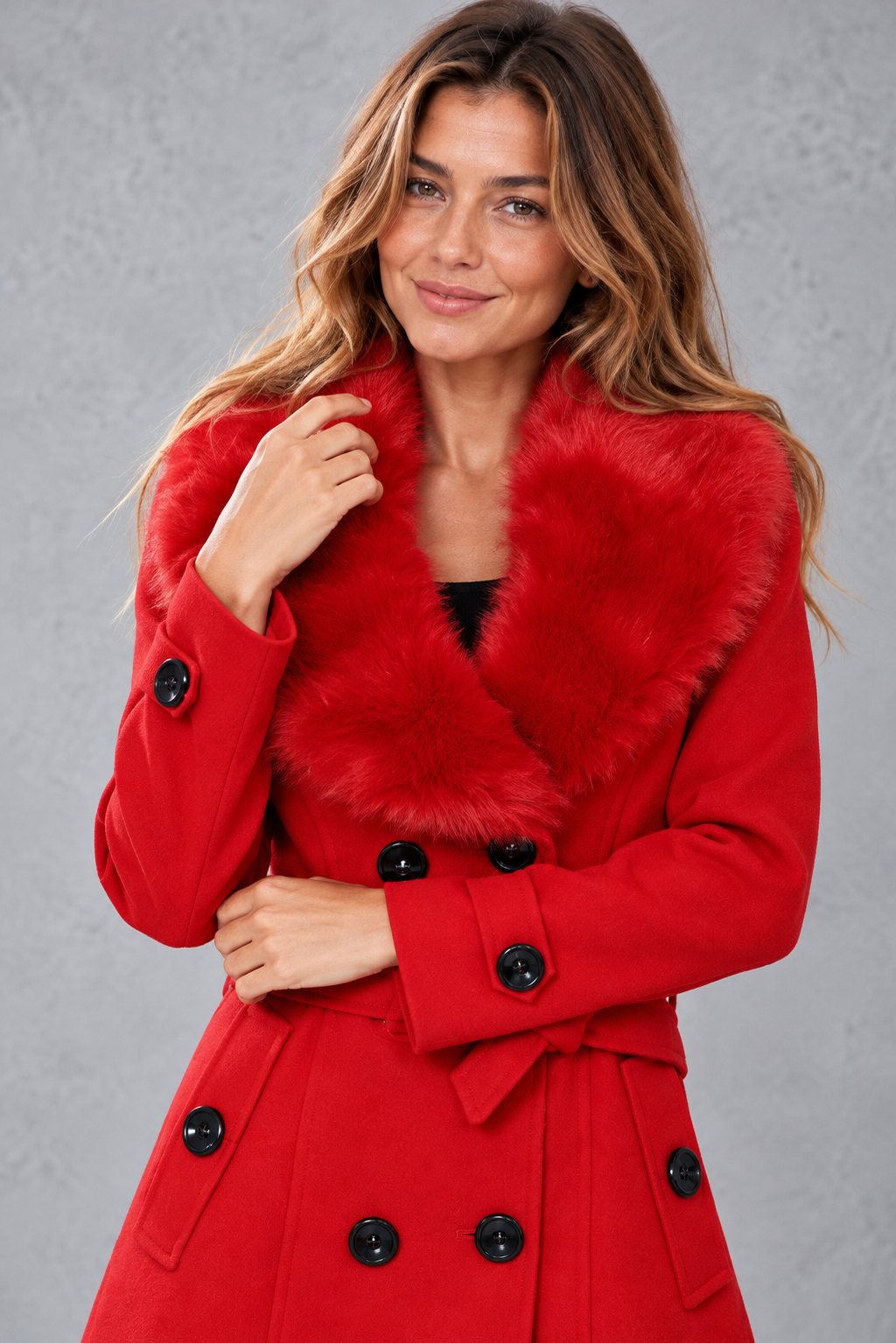 Women's longline winter coat with faux fur collar in Red – close-up
