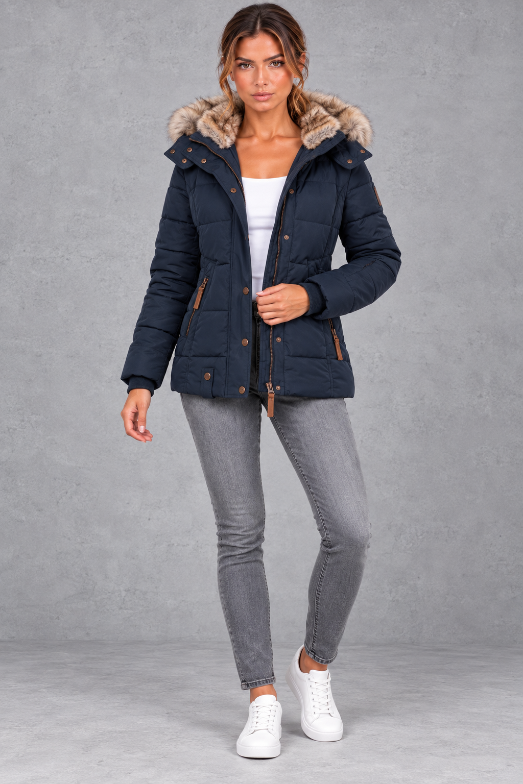 Women's Mid-Thigh Quilted Puffer Coat in Navy Blue – full-length view