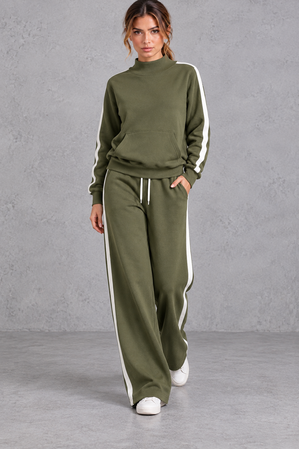Women's army green mock neck wide leg tracksuit set with side stripes – front view