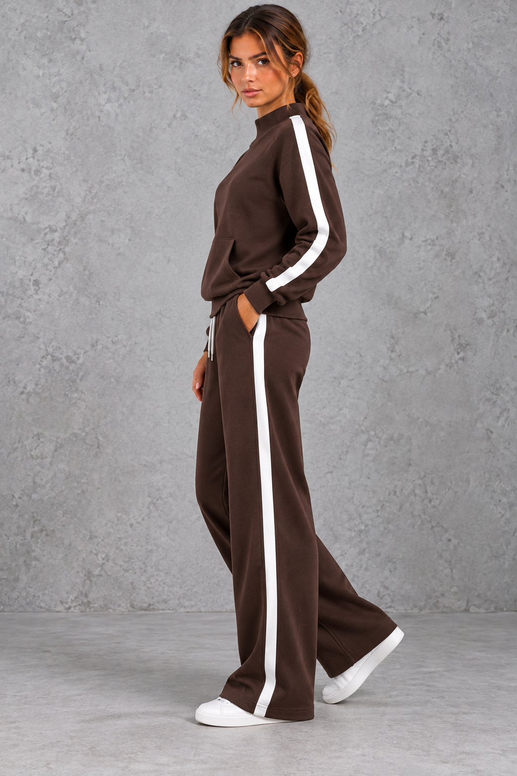 Women's dark brown mock neck wide leg tracksuit set with side stripes – side view