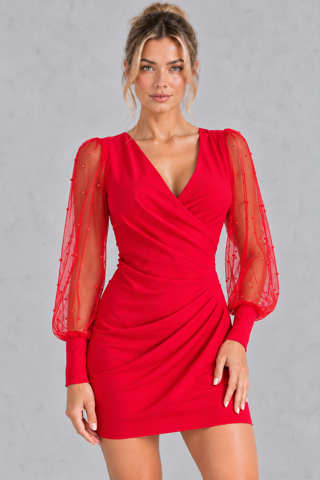 Women’s off-shoulder long sleeve mini dress in a solid colour, featuring a sleek party-ready silhouette for summer evenings and occasions.