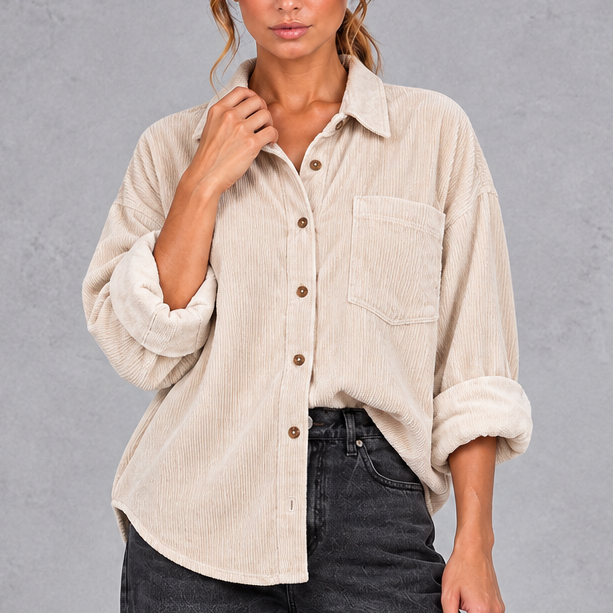 Women's oversized corduroy shirt in Cream – front view