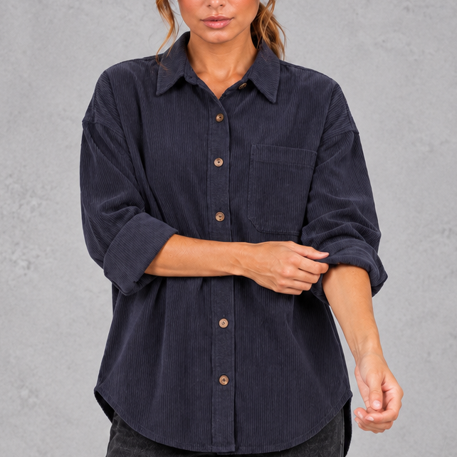 Women's oversized corduroy shirt in Navy Blue – front view