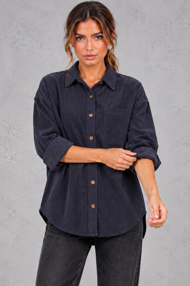 Women's oversized corduroy shirt in Navy Blue – front view