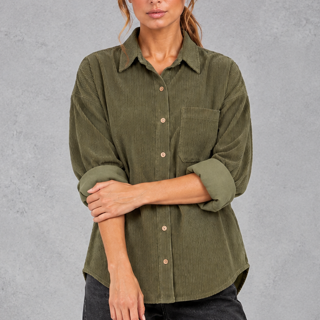 Women's oversized corduroy shirt in Olive Green – front view