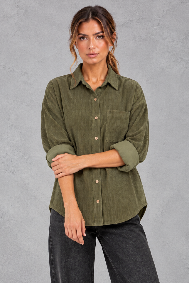 Women's oversized corduroy shirt in Olive Green – front view