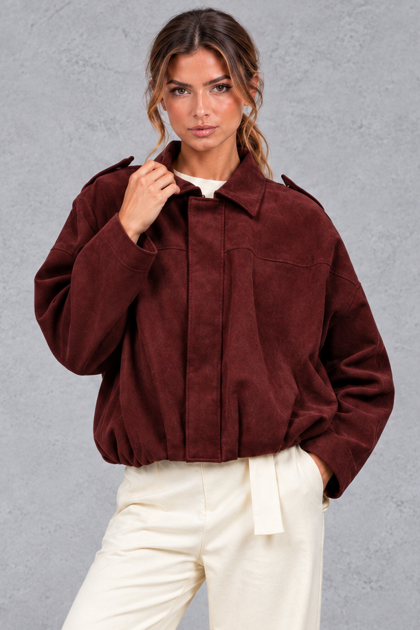 Women's burgundy oversized cropped utility bomber jacket – front view