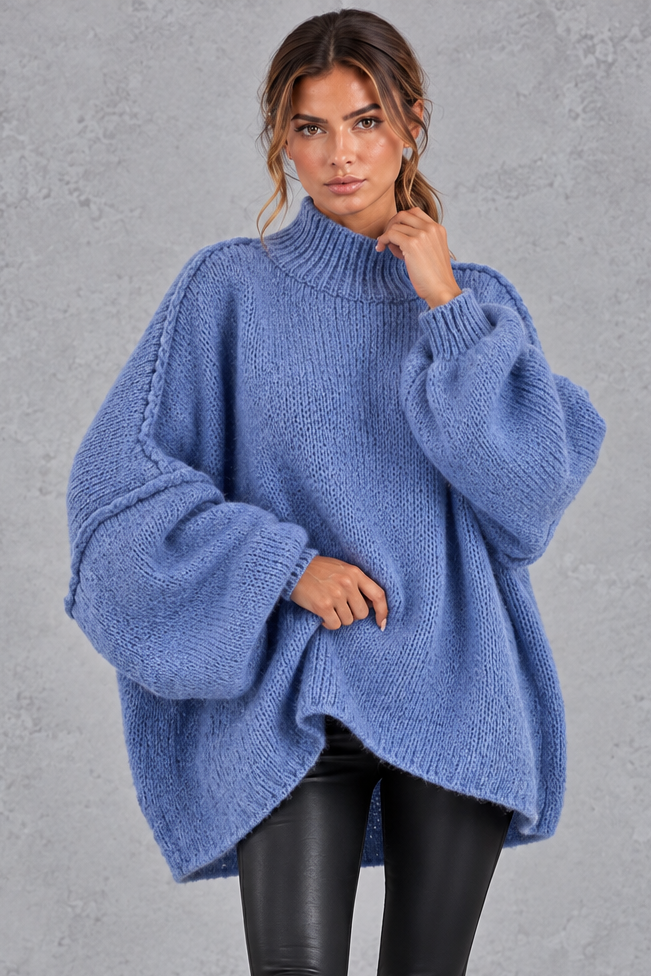 Women's denim blue oversized high neck balloon sleeve jumper – front view