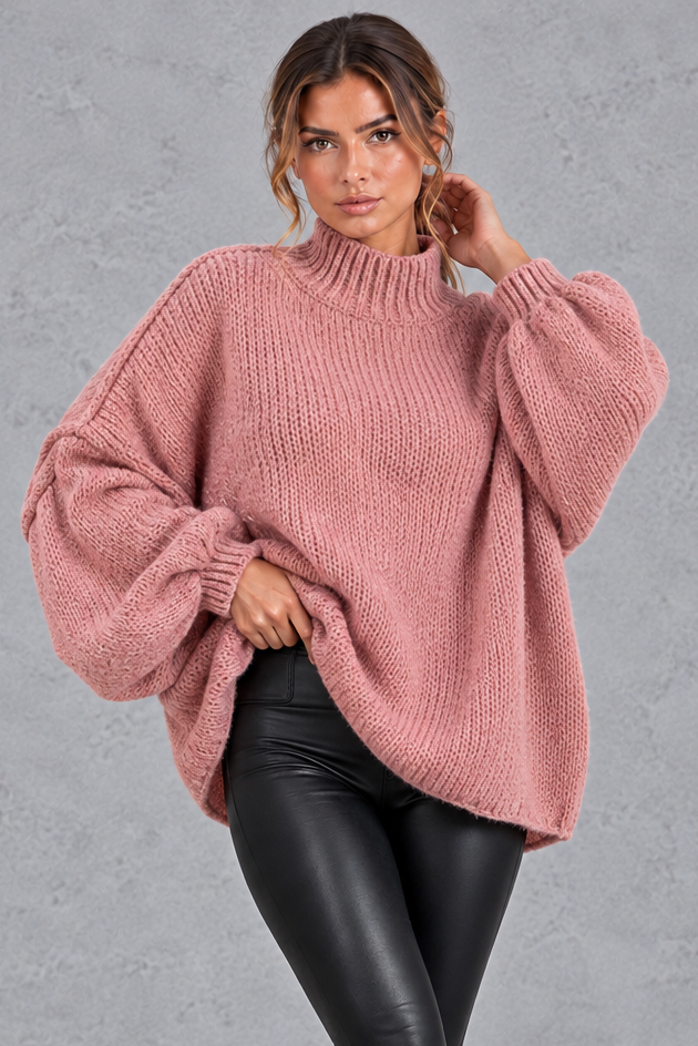 Women's orange oversized high neck balloon sleeve jumper – front view