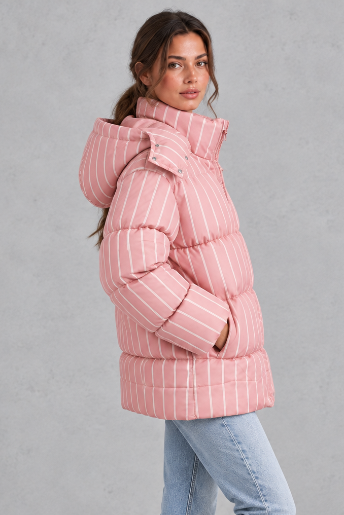 Women’s pink and white striped oversized hooded puffer jacket with horizontal quilting, a high stand collar and voluminous padded silhouette.