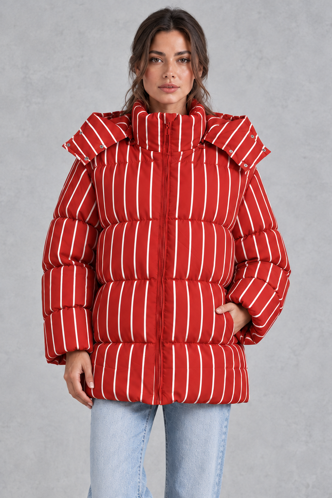 Women’s pink and white striped oversized hooded puffer jacket with horizontal quilting, a high stand collar and voluminous padded silhouette.