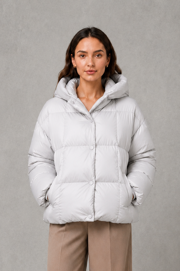 Women’s oversized hooded puffer jacket with a protective high collar, wide padded sleeves and a relaxed hip-length silhouette for winter layering.