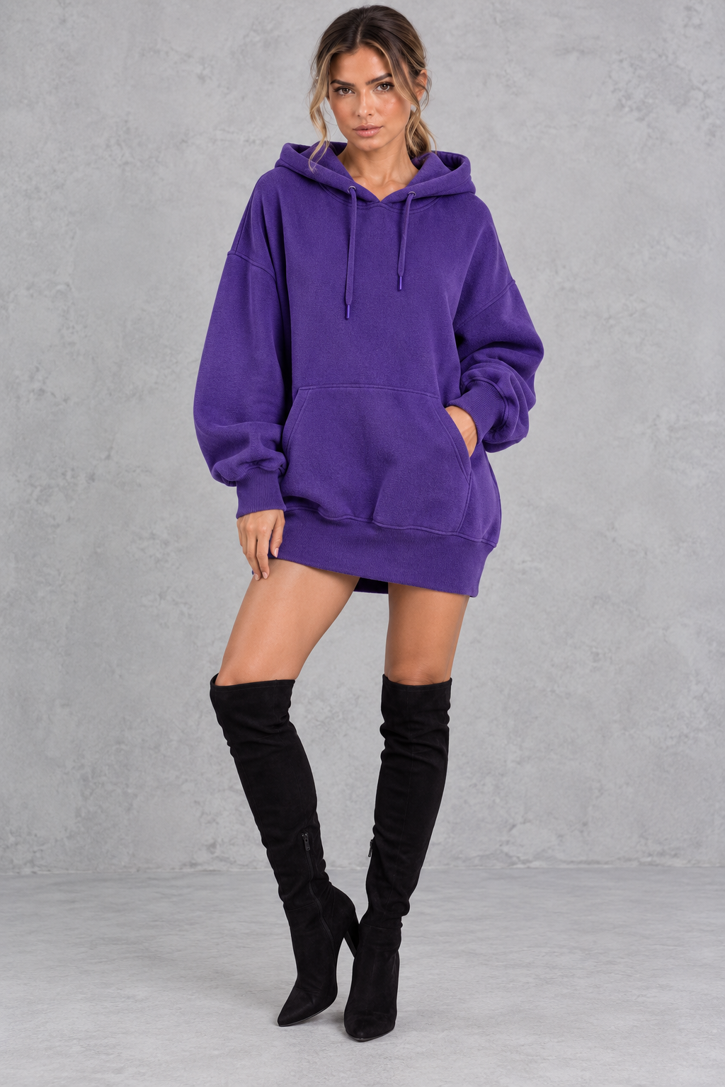 Women's purple oversized hoodie mini dress with drawstring hood and kangaroo pocket – front view