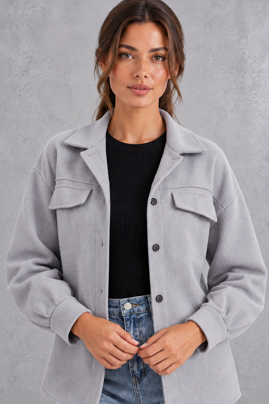 Women's Oversized Shirt Jacket – Button Front & Chest Flap Pockets – Grey – detail view