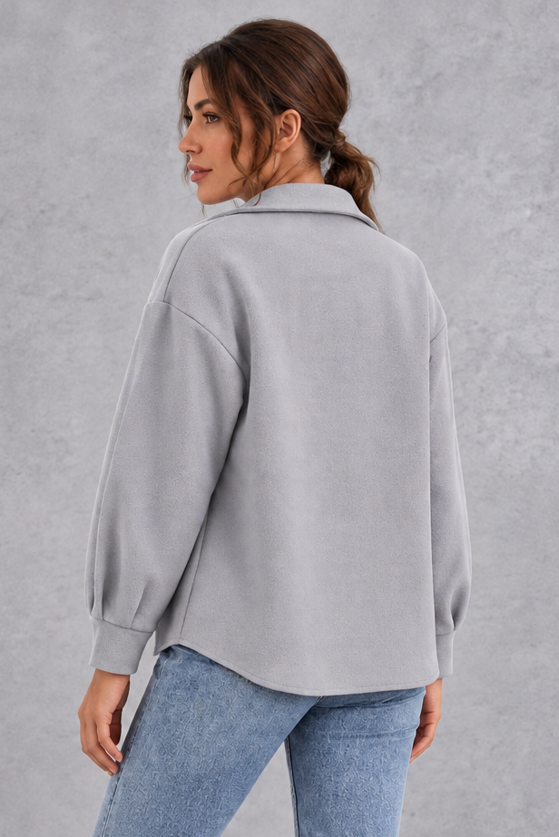 Women's Oversized Shirt Jacket – Button Front & Chest Flap Pockets – Grey – back view