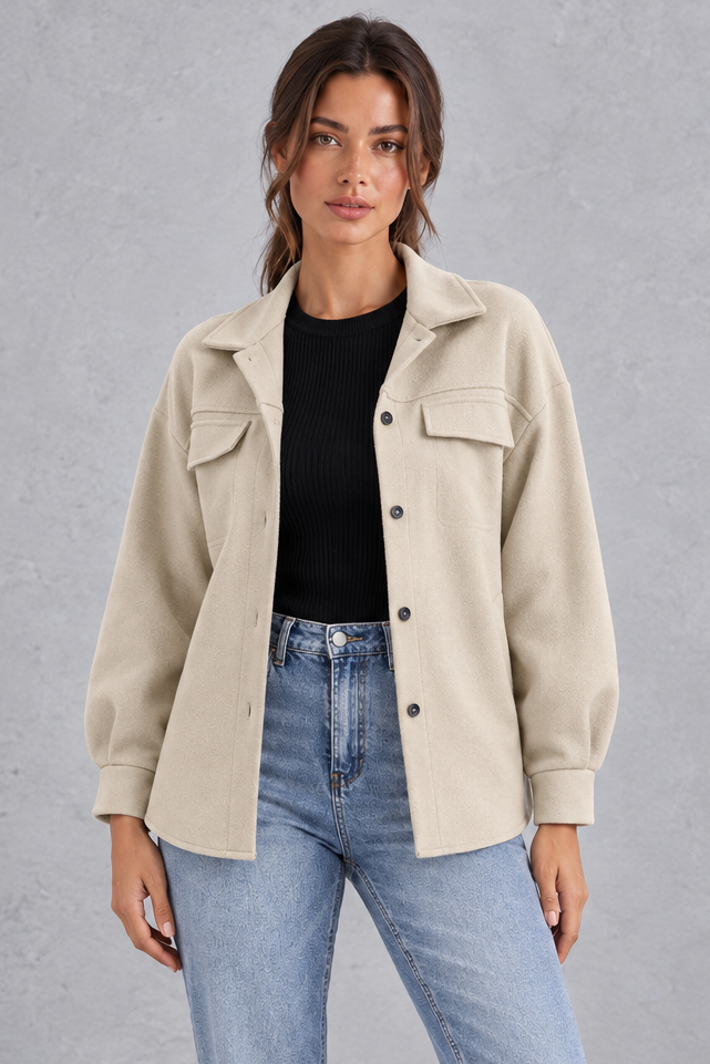 Women's Oversized Shirt Jacket – Button Front & Chest Flap Pockets – Beige – front view