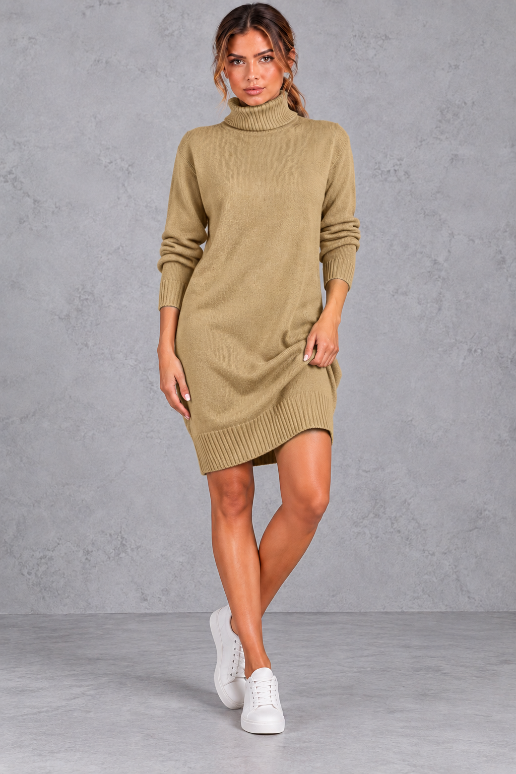 Women's khaki roll neck knee length jumper dress – front view