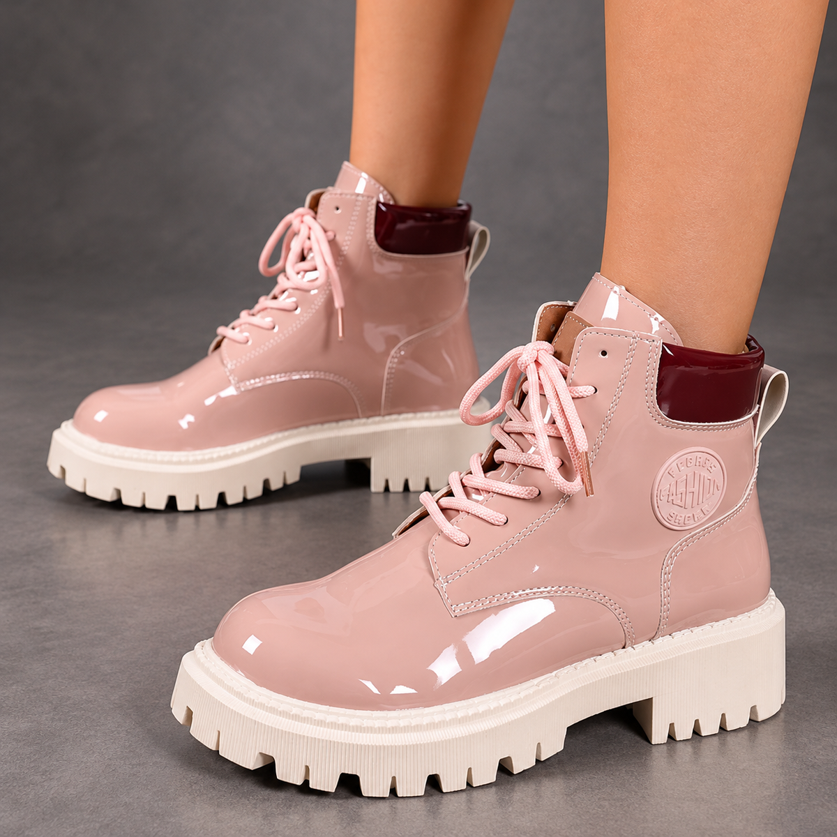 Women's Patent-Look Combat Ankle Boots – Pink