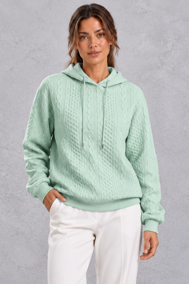 Women's light green plus size cable knit hoodie with drawstring hood – front view