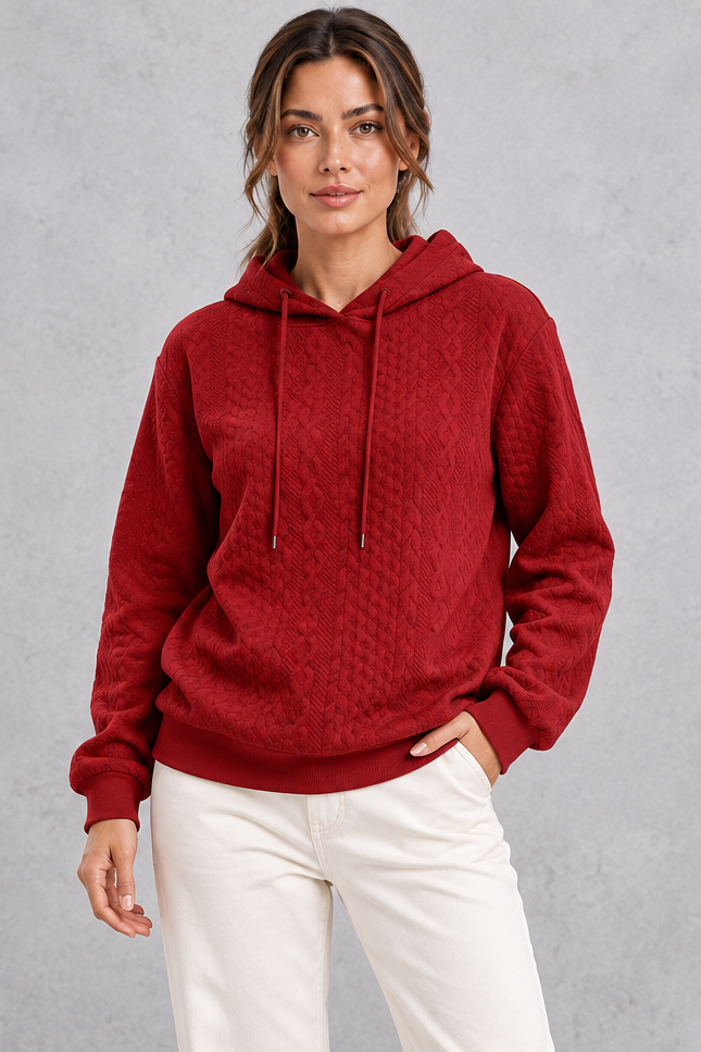 Women's red plus size cable knit hoodie with drawstring hood – front view
