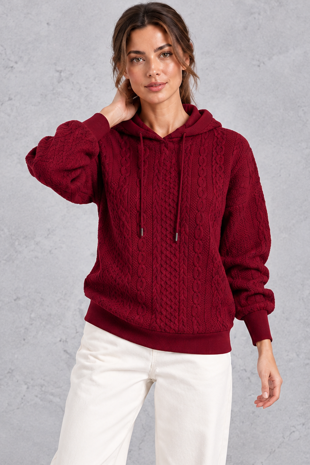 Women's burgundy plus size cable knit hoodie with drawstring hood – front view