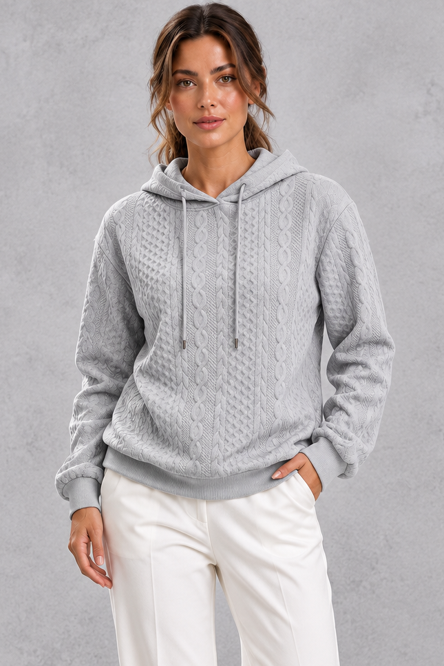 Women's light grey plus size cable knit hoodie with drawstring hood – front view
