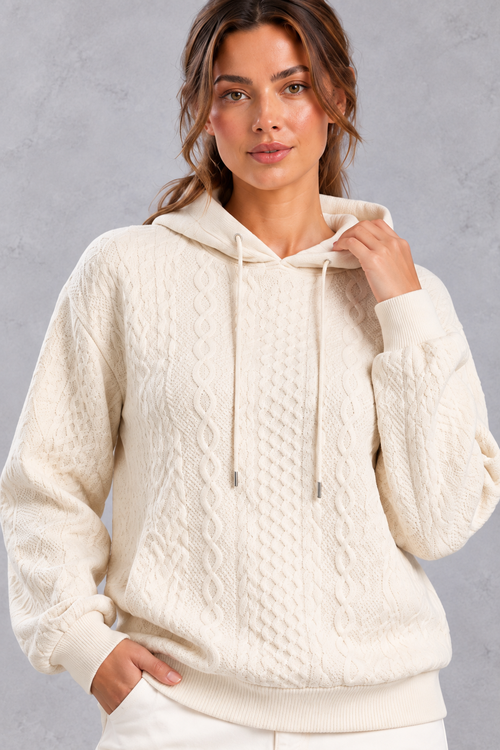 Women's cream plus size cable knit hoodie – close-up of cable knit texture and drawstrings