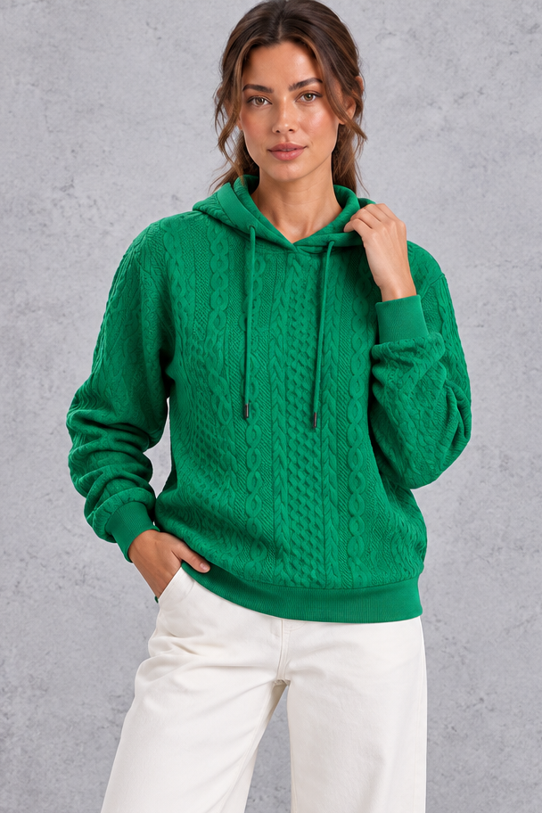Women's green plus size cable knit hoodie with drawstring hood – front view