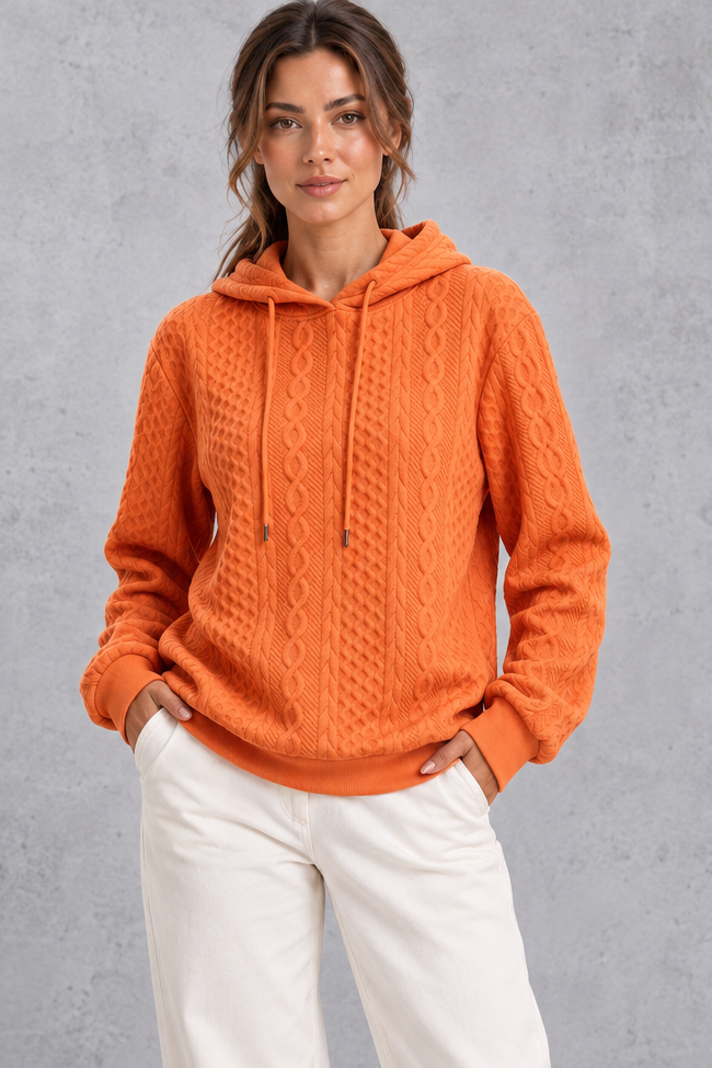 Women's orange plus size cable knit hoodie with drawstring hood – front view