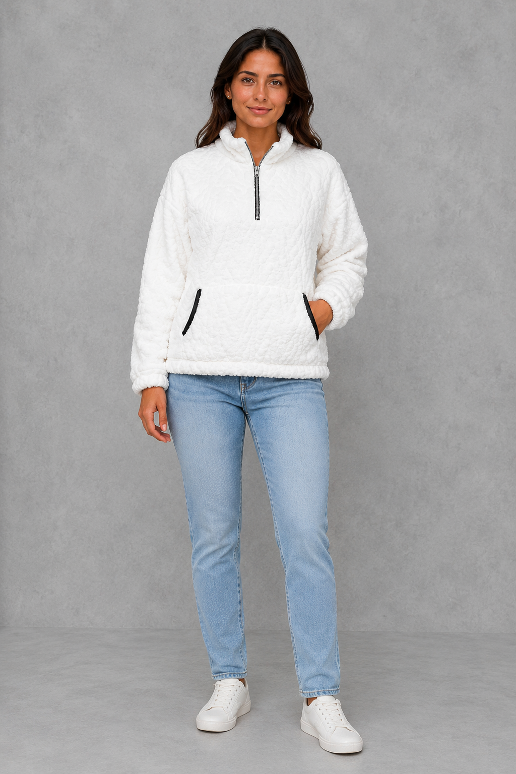 Women’s plush half zip fleece pullover with a high neck, long sleeves, elasticated cuffs and practical front pockets for cosy autumn and winter wear.