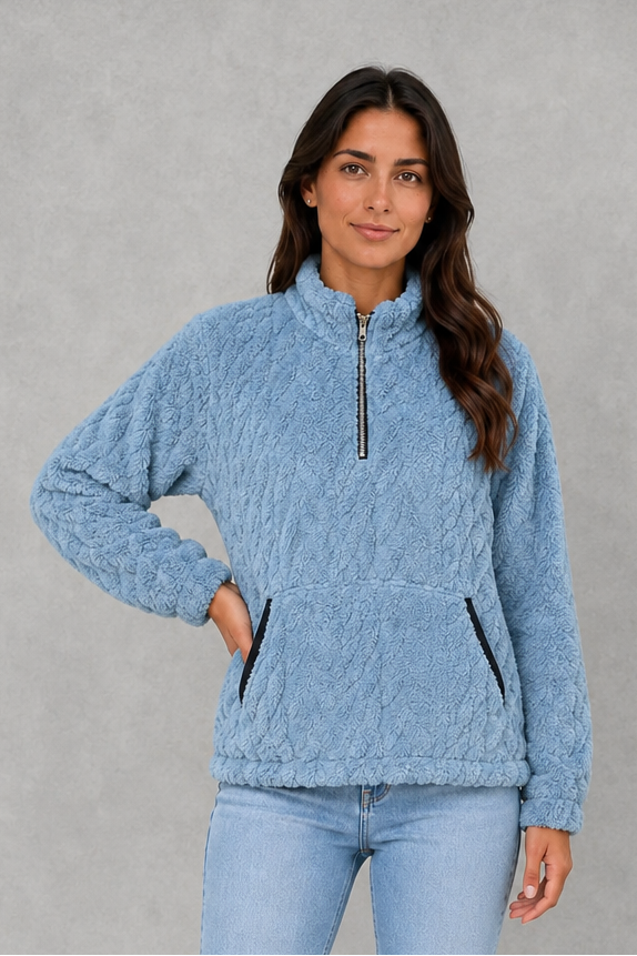 Women’s plush half zip fleece pullover with a high neck, long sleeves, elasticated cuffs and practical front pockets for cosy autumn and winter wear.