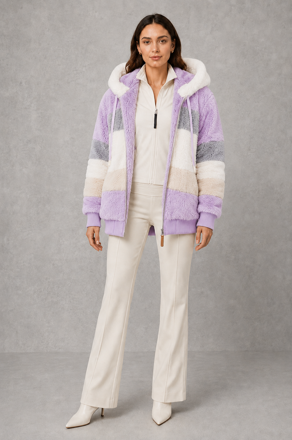Women’s plush hooded winter coat with soft faux fur panels, a relaxed silhouette and rib-knit cuffs for cosy cold-weather layering.
