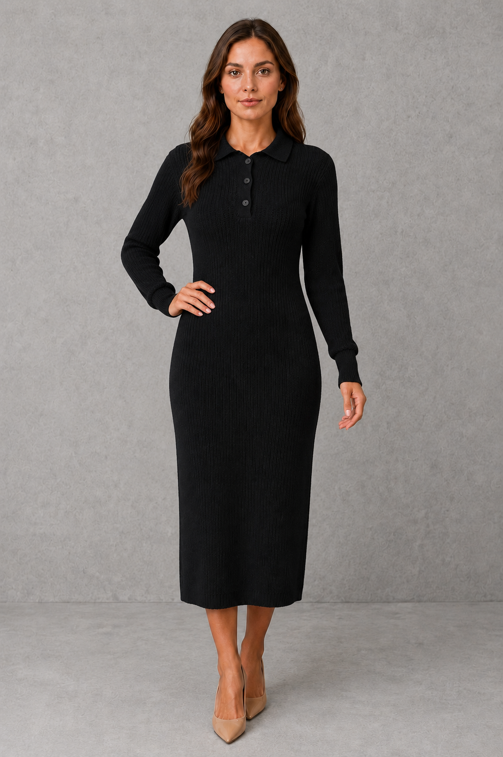 Women’s polo neck knitted midi dress with a button-front neckline, long sleeves, ribbed cuffs and a relaxed straight silhouette.