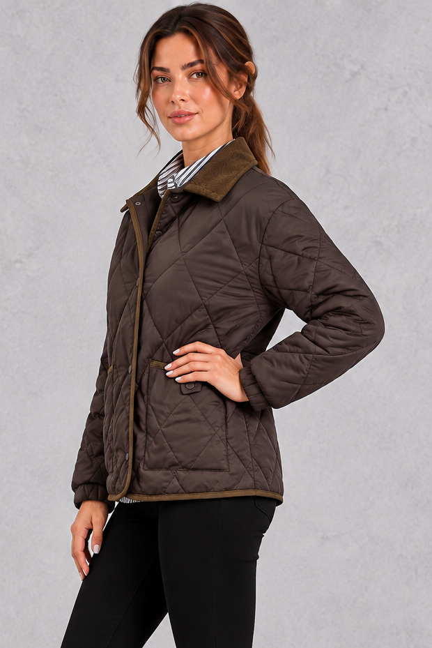 Women's coffee diamond quilted jacket with contrast cord collar – side view