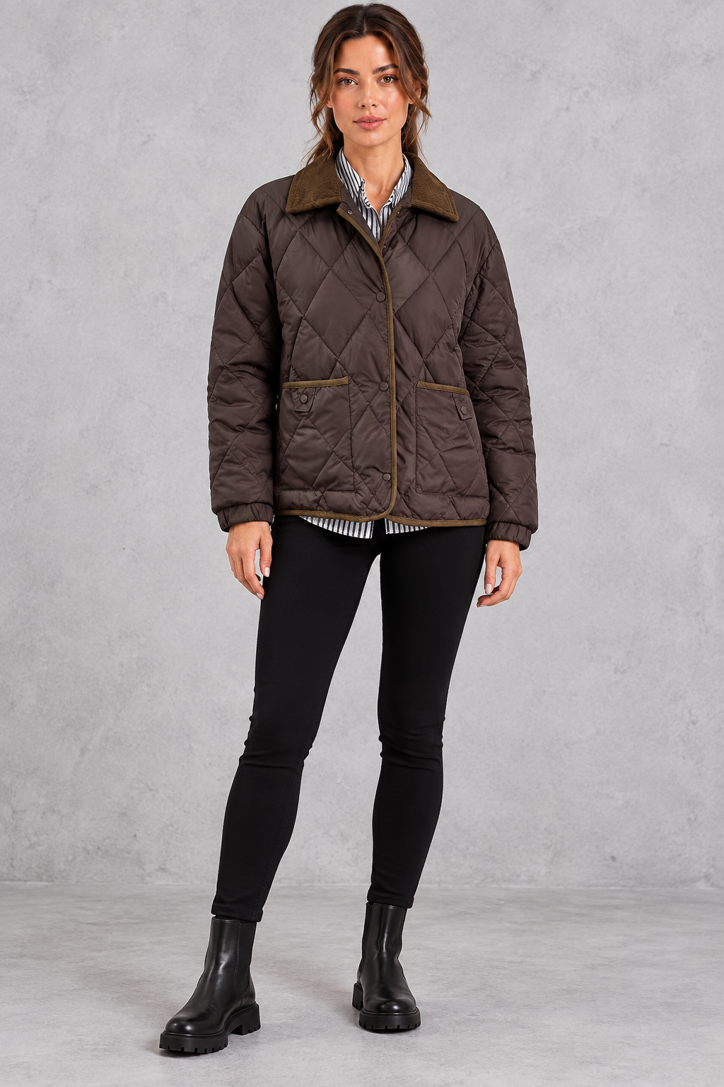 Women's coffee diamond quilted jacket with contrast cord collar – full-length front view