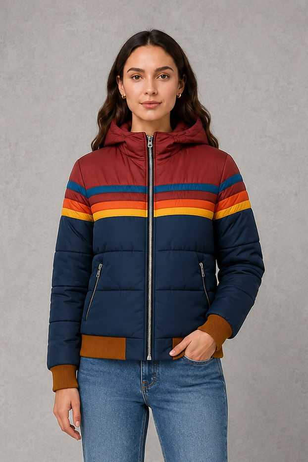 Women’s retro quilted padded jacket with a relaxed silhouette, textured finish and vintage-inspired design for cosy autumn and winter layering.