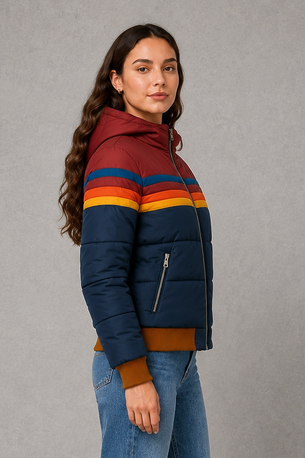 Women’s retro quilted padded jacket with a relaxed silhouette, textured finish and vintage-inspired design for cosy autumn and winter layering.