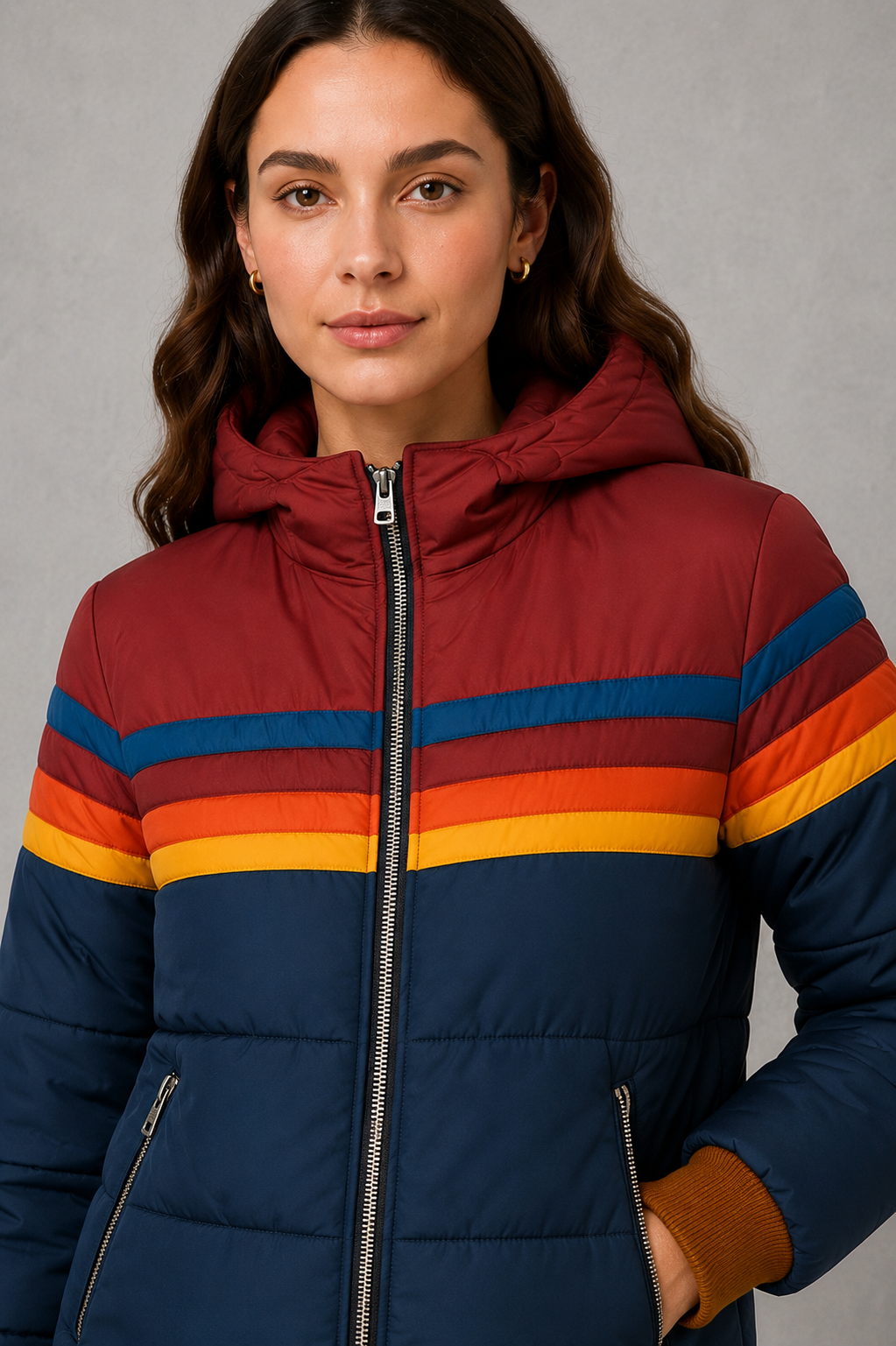 Women’s retro quilted padded jacket with a relaxed silhouette, textured finish and vintage-inspired design for cosy autumn and winter layering.