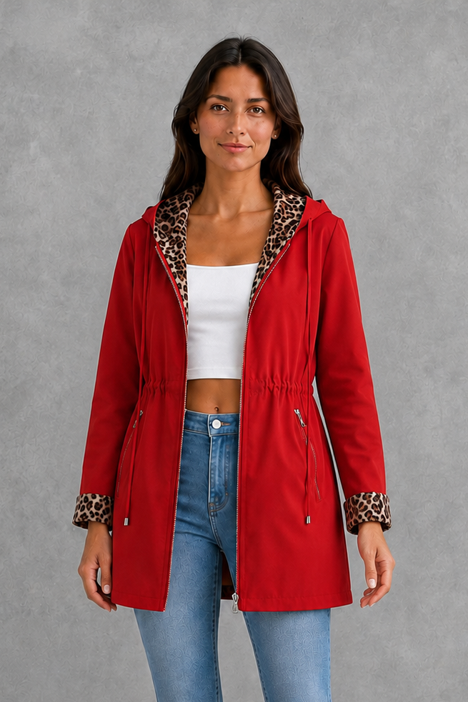 Women’s reversible hooded jacket with a solid colour side, leopard print reverse, zip fastening, practical pockets and adjustable drawstring.
