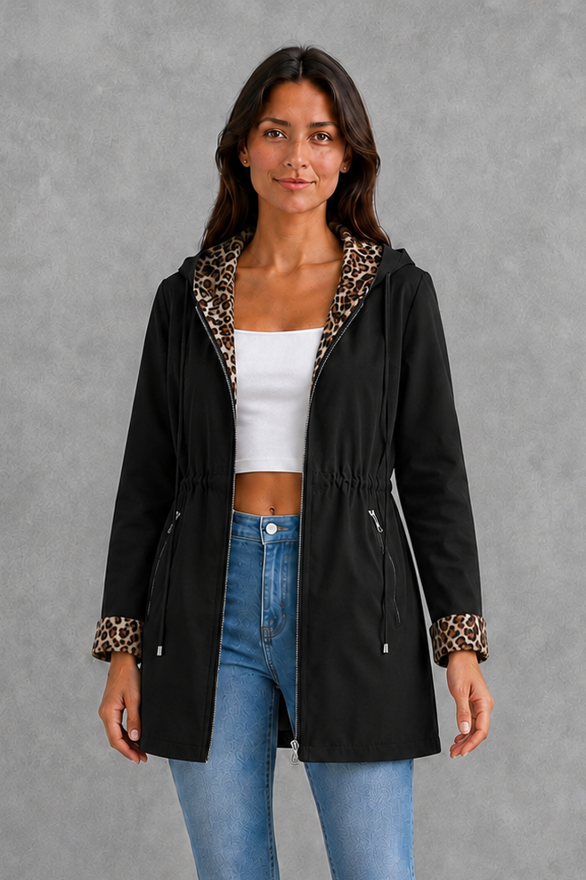 Women’s reversible hooded jacket with a solid colour side, leopard print reverse, zip fastening, practical pockets and adjustable drawstring.